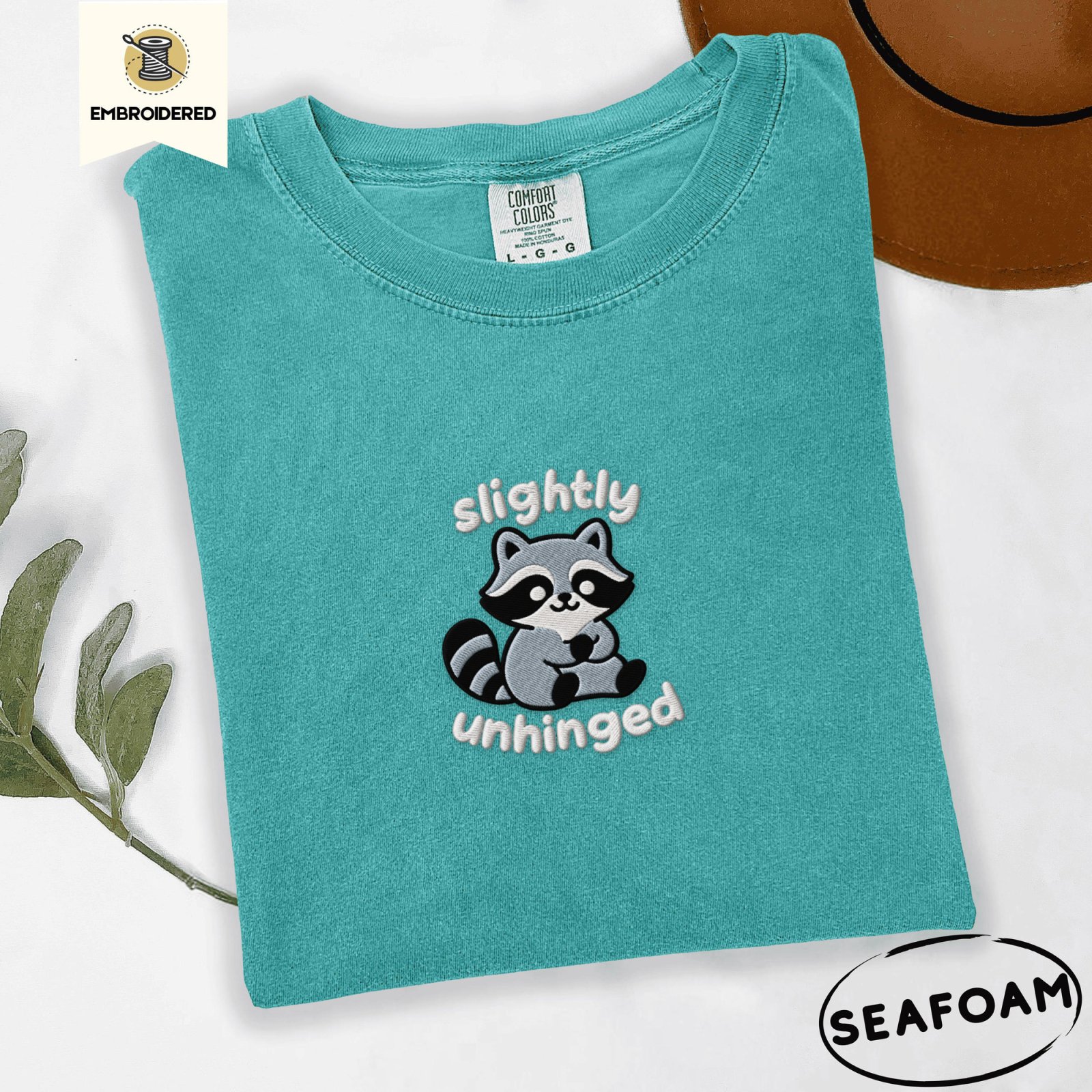 Seafoam Slightly Unhinged Raccoon Embroidered T-Shirt
