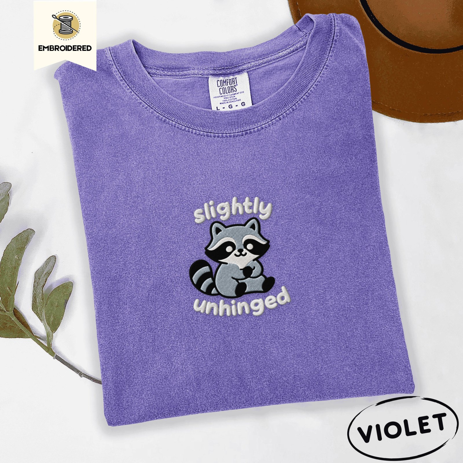 Violet Slightly Unhinged Raccoon Embroidered T-Shirt