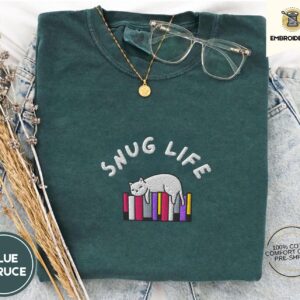Blue Spruce Snug Life Cat and Books Embroidered T-Shirt