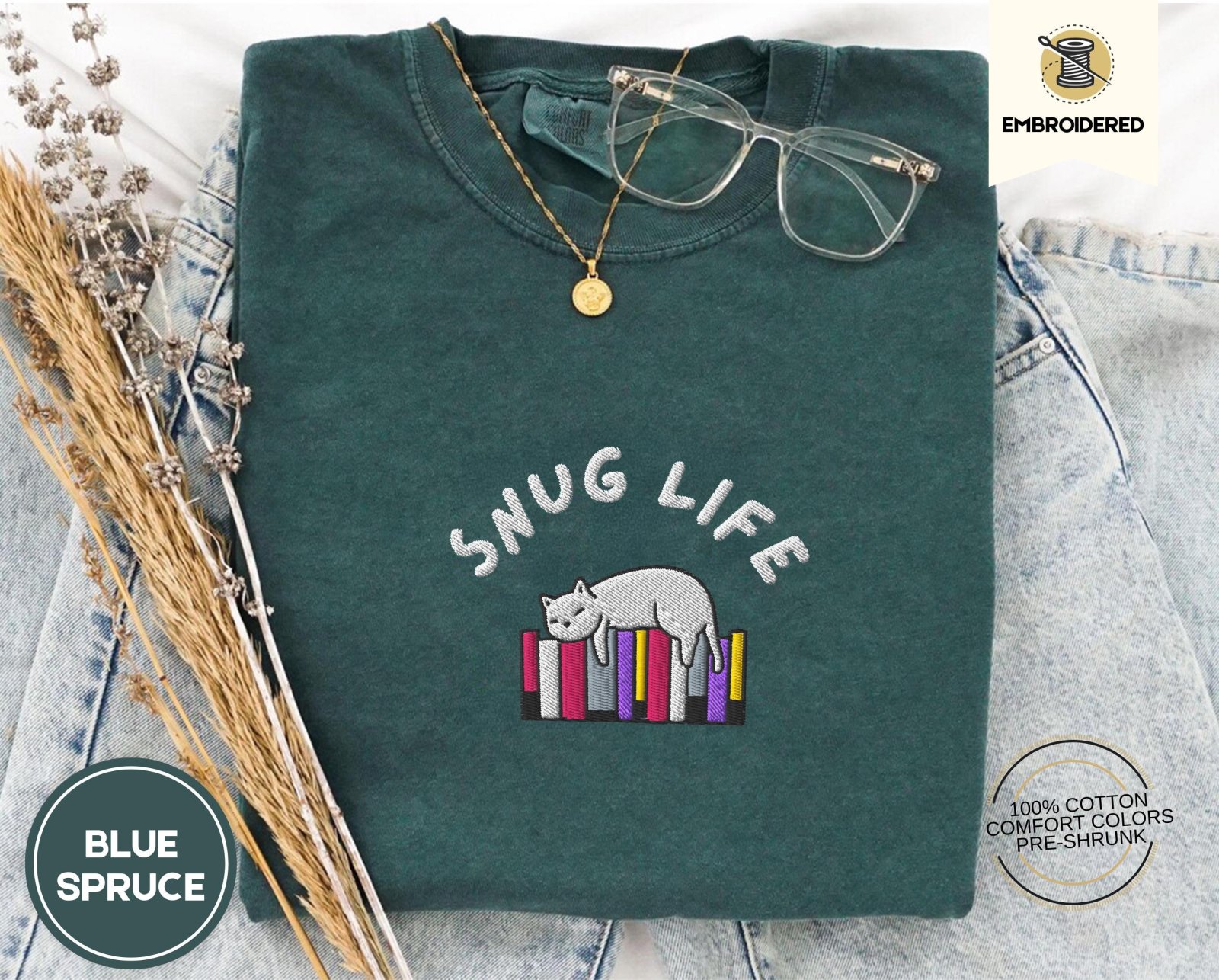 Blue Spruce Snug Life Cat and Books Embroidered T-Shirt