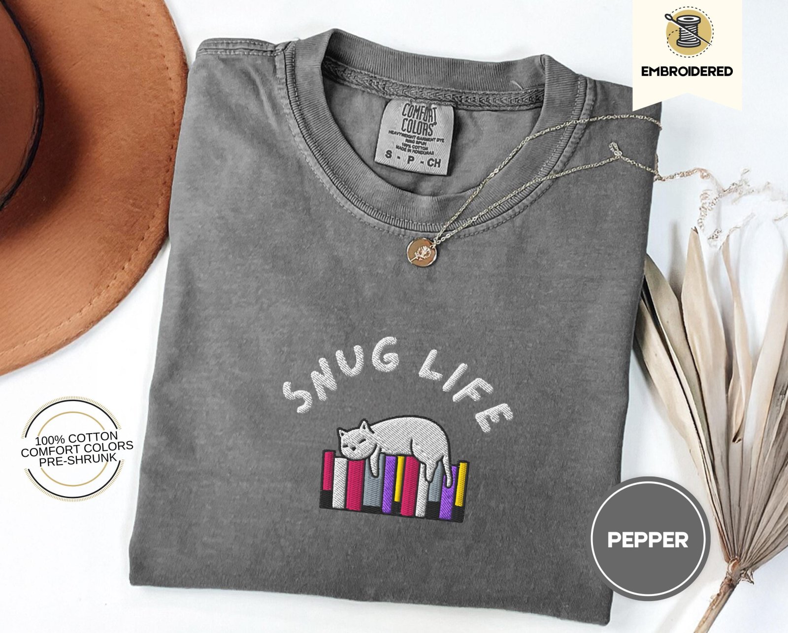 Pepper Snug Life Cat and Books Embroidered T-Shirt