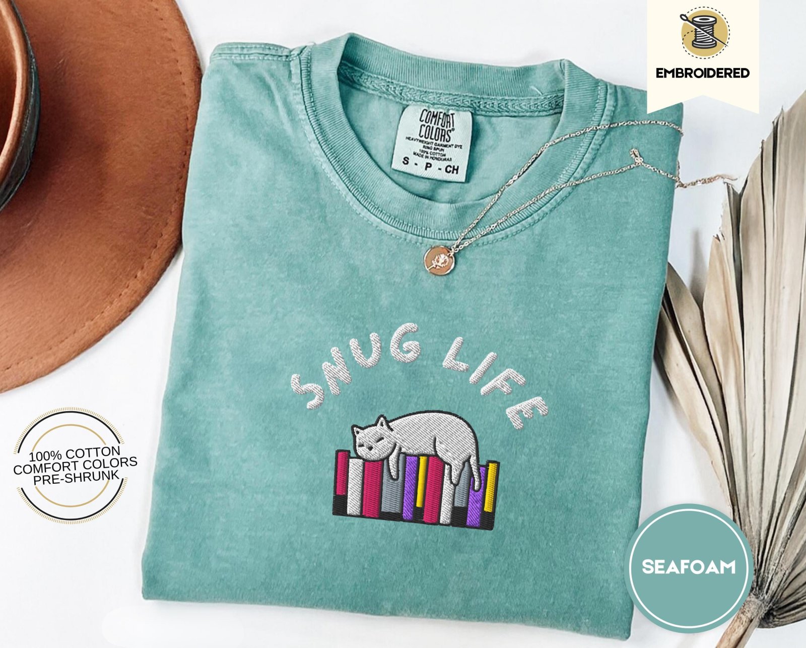 Seafoam Snug Life Cat and Books Embroidered T-Shirt