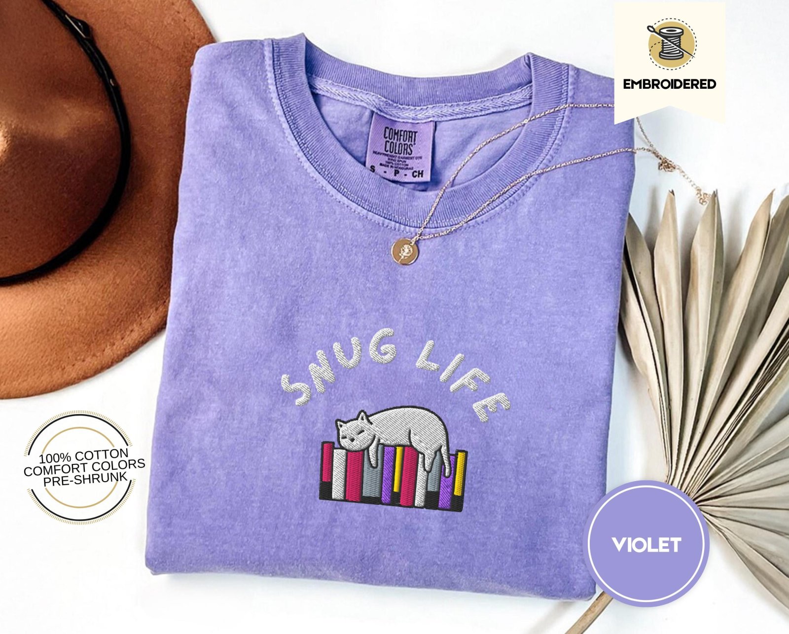Violet Snug Life Cat and Books Embroidered T-Shirt
