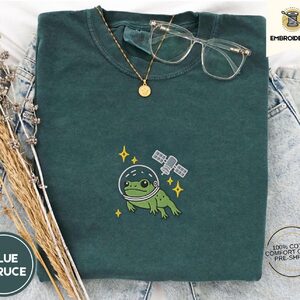 Blue Spruce Space Frog and Satellite Embroidered T-Shirt