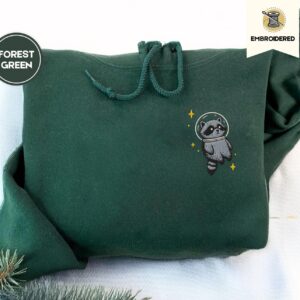Forest Green Space Raccoon Embroidered Hoodie