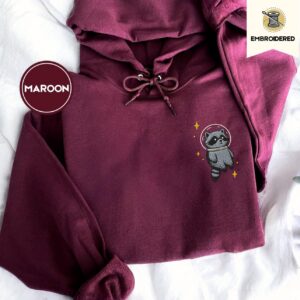 Maroon Space Raccoon Embroidered Hoodie