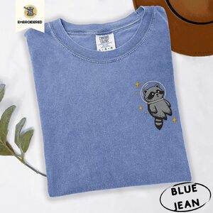 Blue Jean Space Raccoon Embroidered T-Shirt