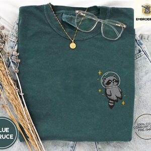 Blue Spruce Space Raccoon Embroidered T-Shirt