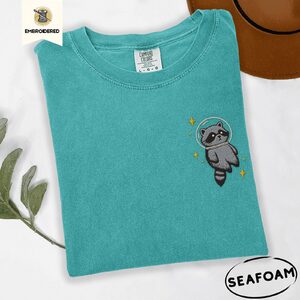 Seafoam Space Raccoon Embroidered T-Shirt
