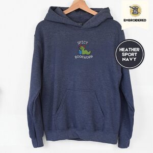 Heather Sport Dark Navy Spicy Bookworm Embroidered Hoodie