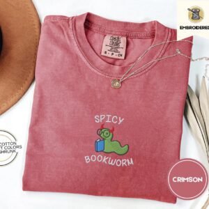 Crimson Spicy Bookworm Embroidered T-Shirt