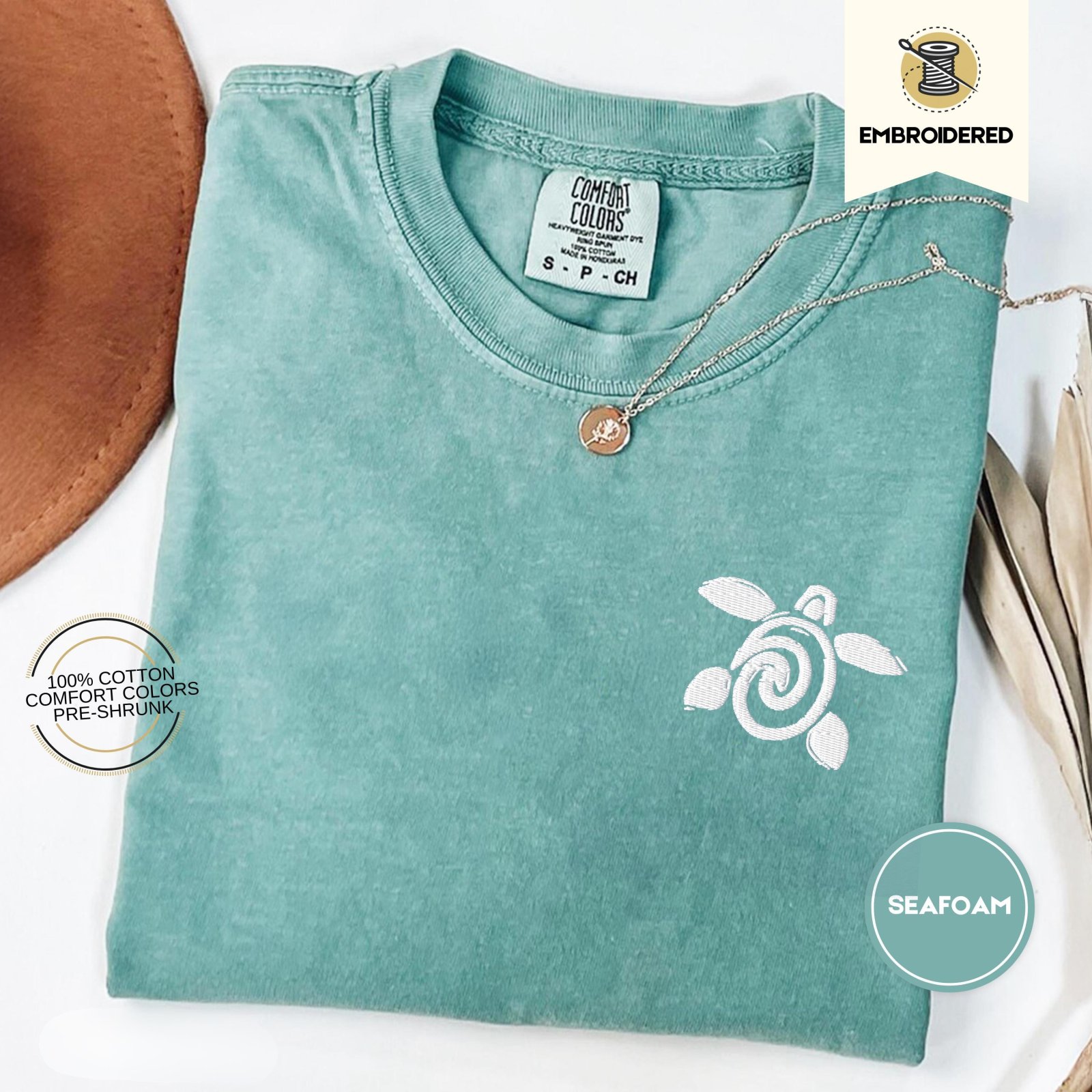 Seafoam Spiral Sea Turtle Embroidered T-Shirt