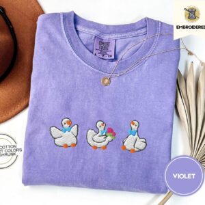 Violet Spring Geese Trio Embroidered T-Shirt
