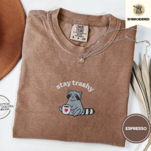 Espresso Stay Trashy Raccoon Embroidered T-Shirt