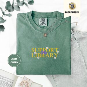 Light Green Support the Library Daisies Embroidered T-Shirt