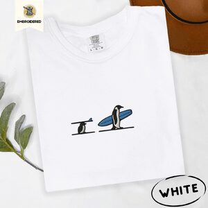 White Surfing Penguins Embroidered T-Shirt