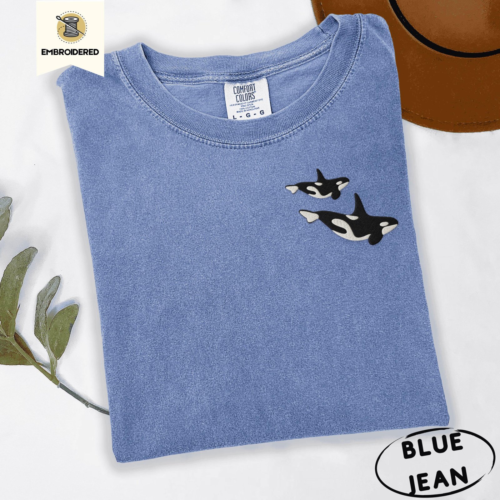 Blue Jean Swimming Orca Whales Embroidered T-Shirt