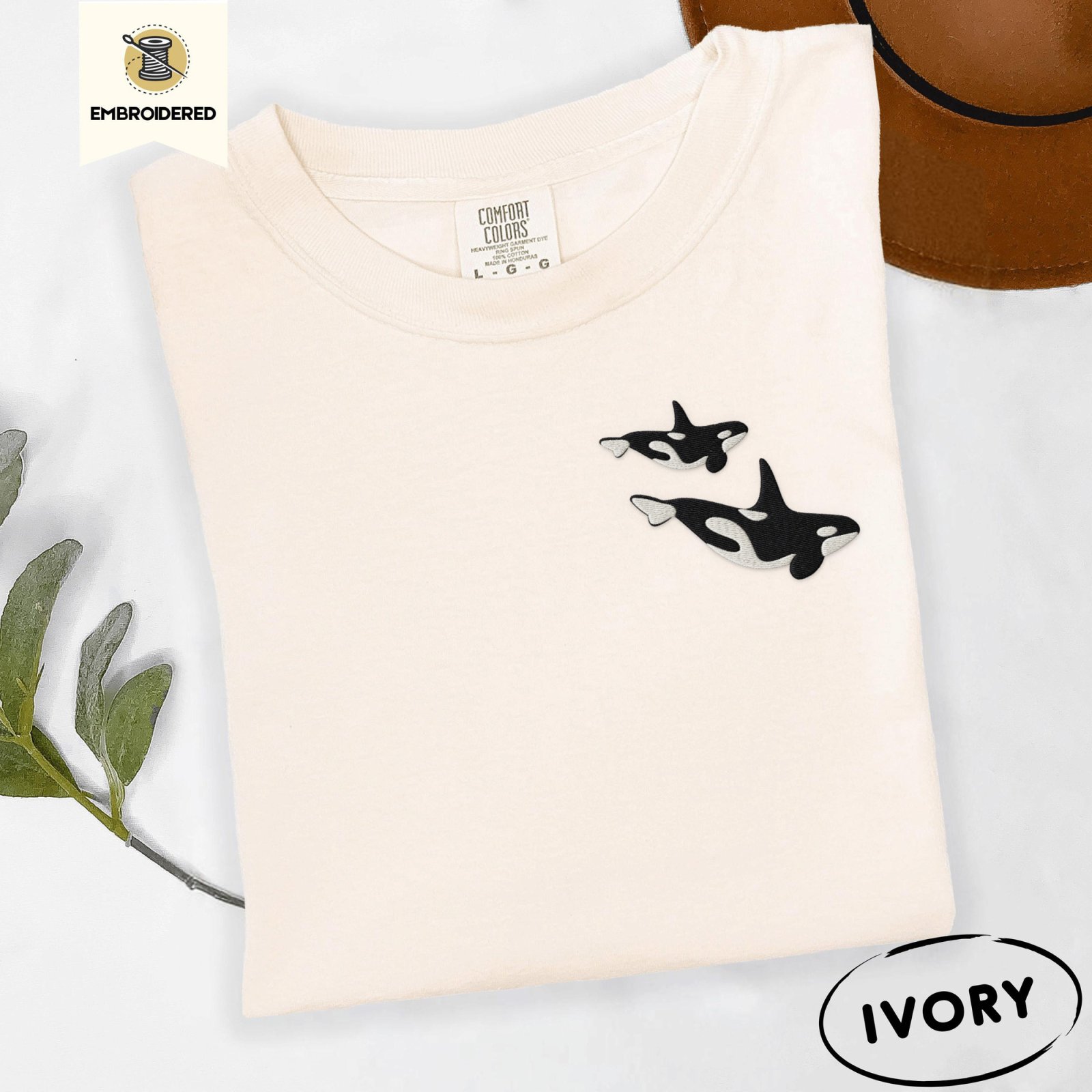 Ivory Swimming Orca Whales Embroidered T-Shirt