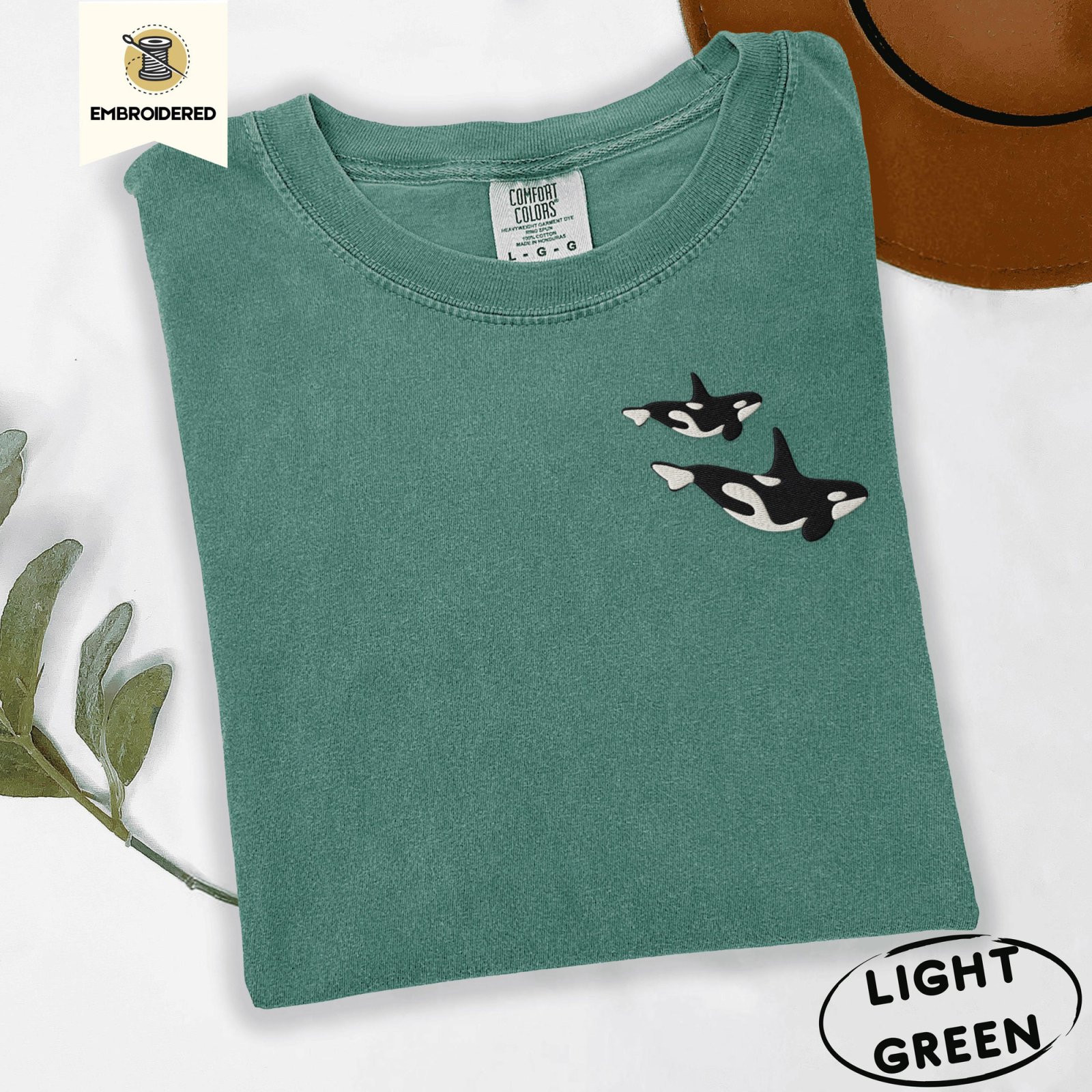 Light Green Swimming Orca Whales Embroidered T-Shirt