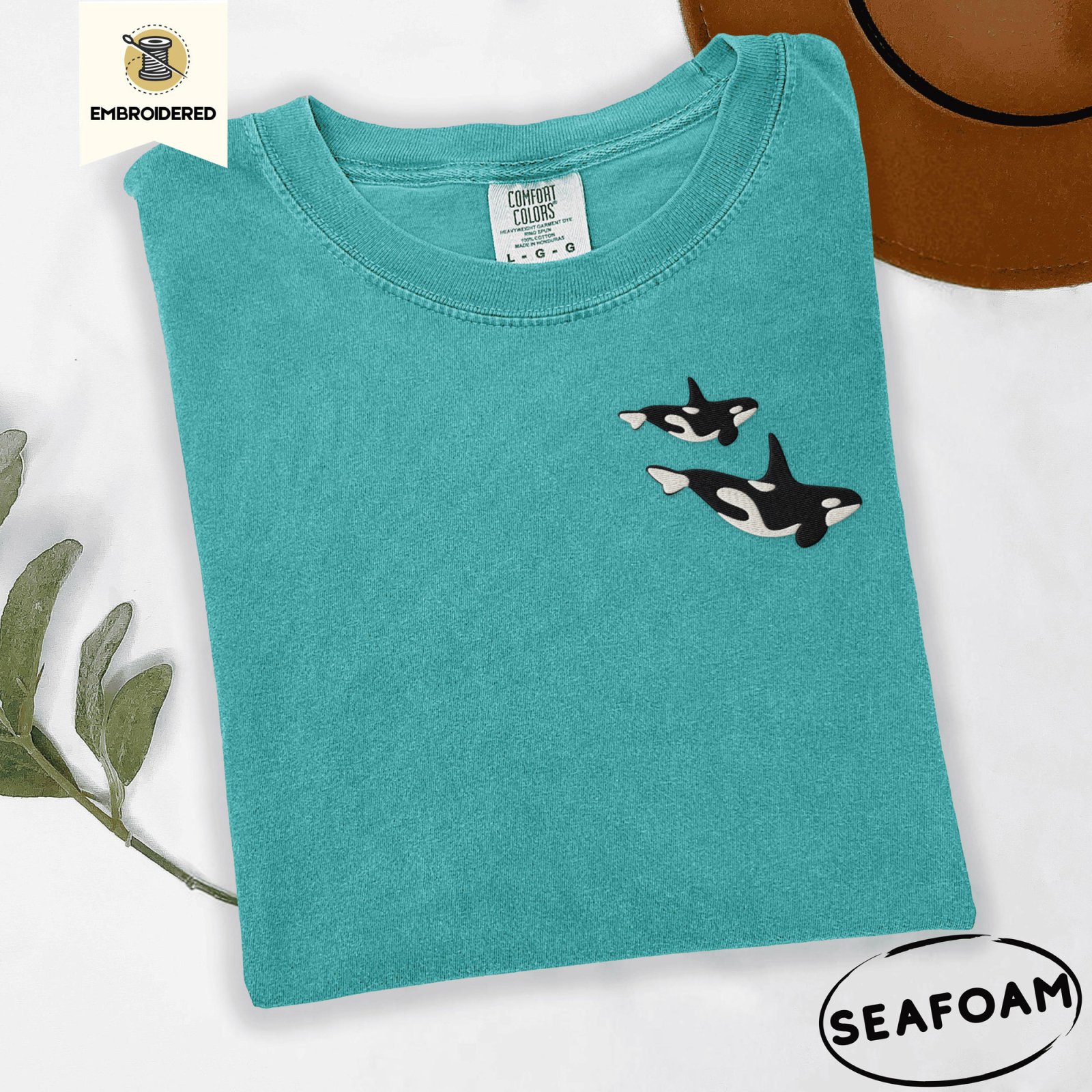 Seafoam Swimming Orca Whales Embroidered T-Shirt
