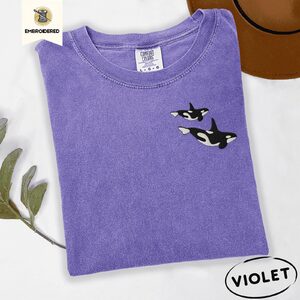 Violet Swimming Orca Whales Embroidered T-Shirt