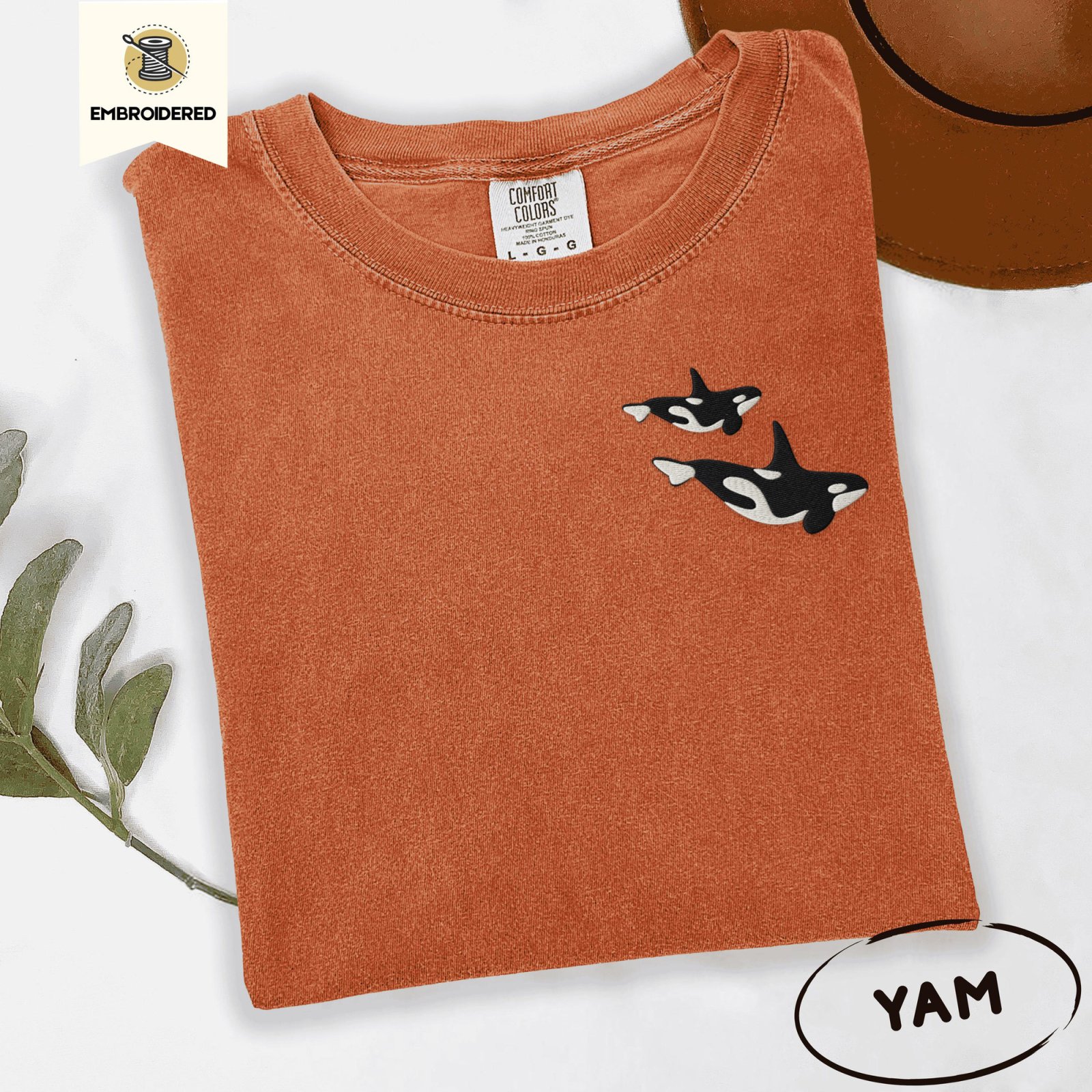 Yam Swimming Orca Whales Embroidered T-Shirt