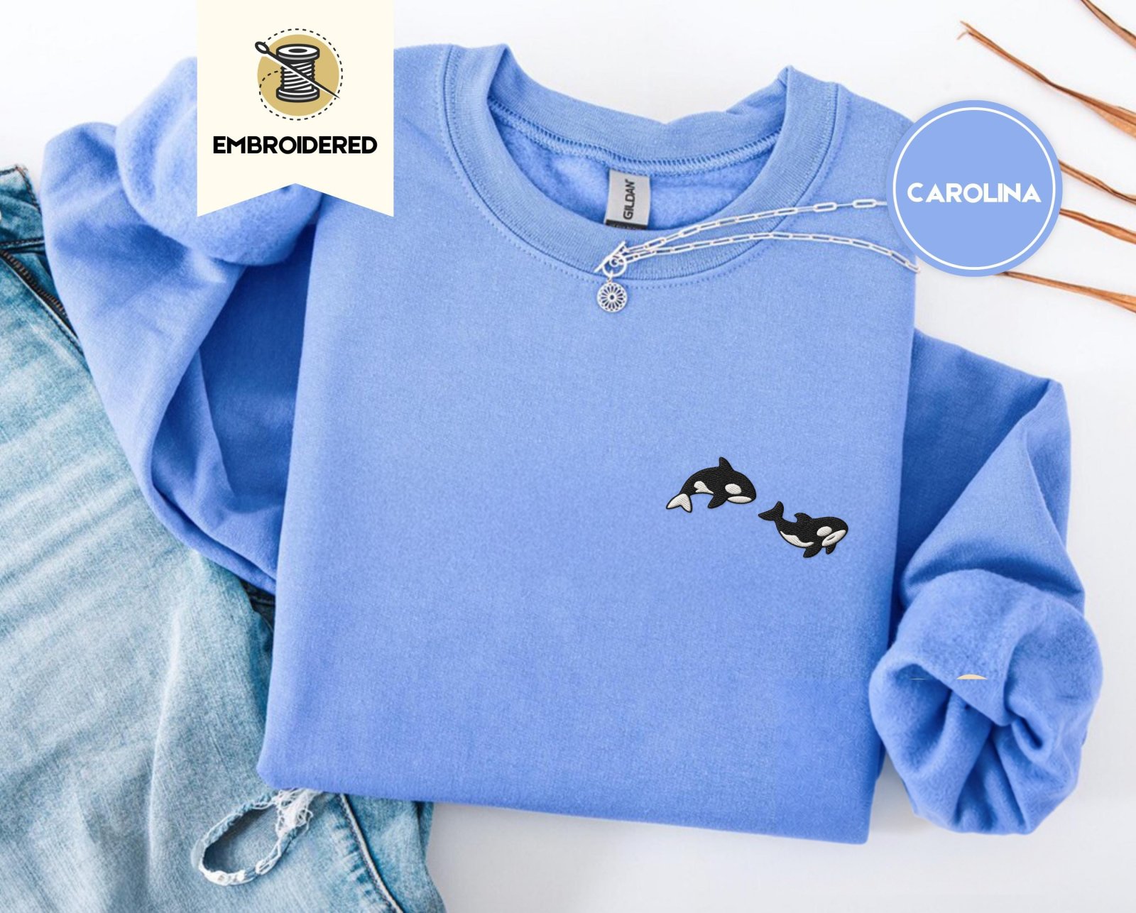 Carolina Blue Swimming Orcas Embroidered Sweatshirt