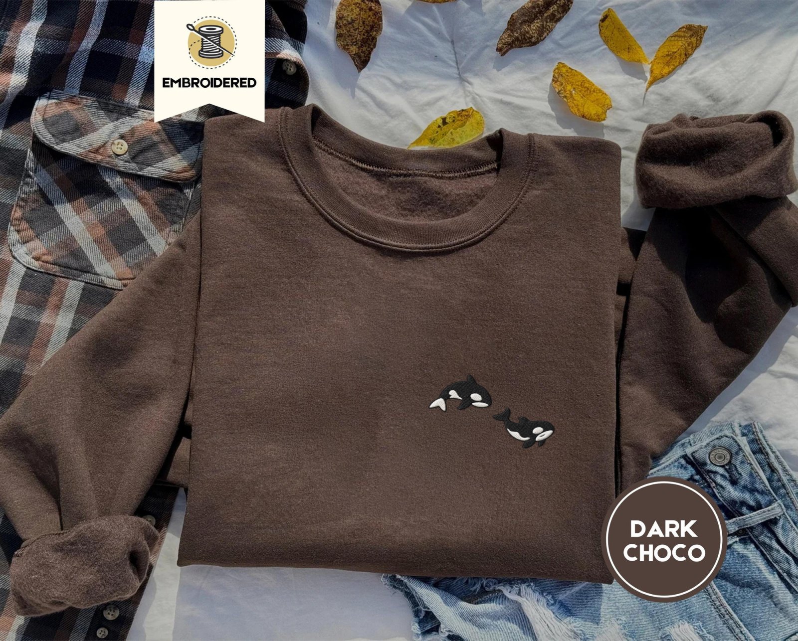 Dark Chocolate Swimming Orcas Embroidered Sweatshirt