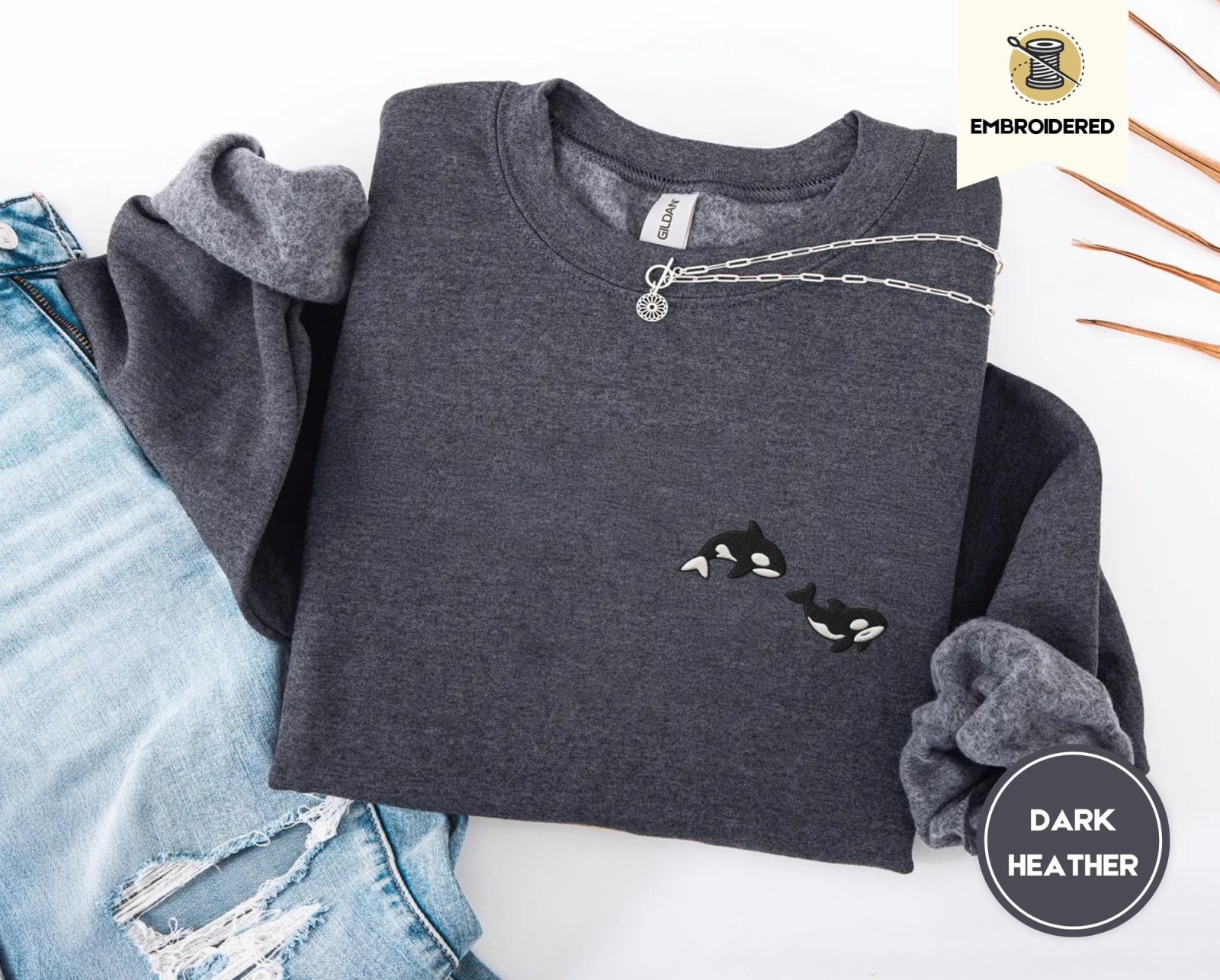 Dark Heather Swimming Orcas Embroidered Sweatshirt