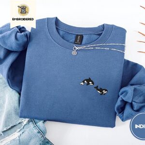 Indigo Blue Swimming Orcas Embroidered Sweatshirt
