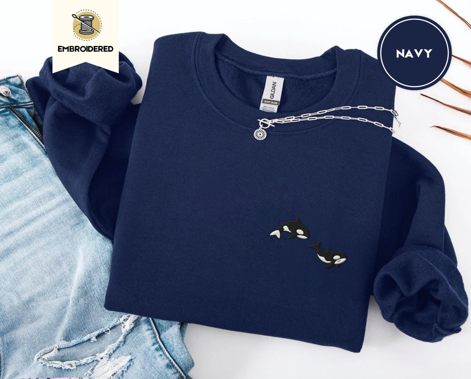 Navy Swimming Orcas Embroidered Sweatshirt