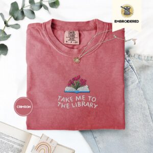 Crimson Take Me to the Library Embroidered T-Shirt