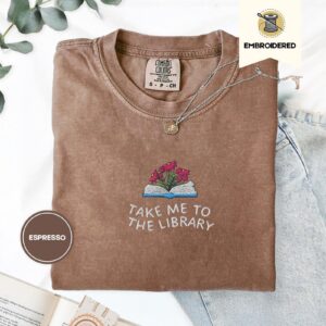 Espresso Take Me to the Library Embroidered T-Shirt