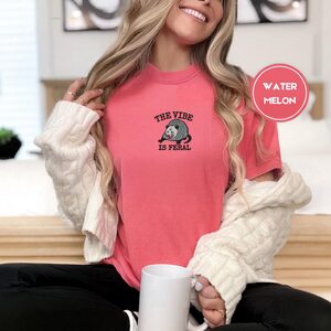 Person wearing a watermelon The Vibe Is Feral Possum Embroidered T-Shirt