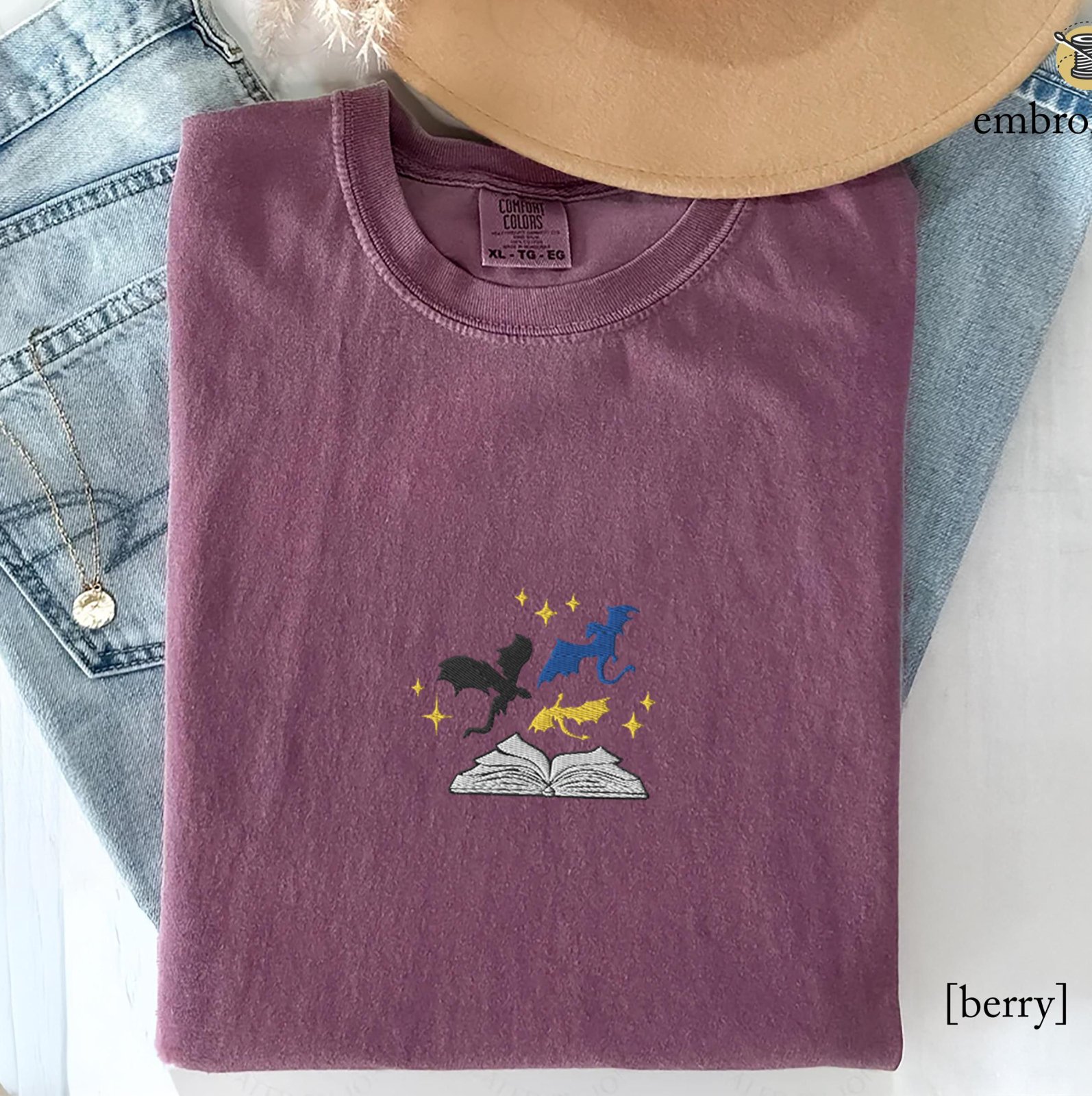 Berry Three Dragons and Golden Stars Embroidered T-Shirt