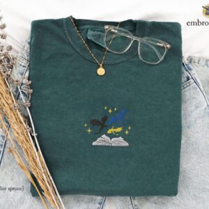 Blue Spruce Three Dragons and Golden Stars Embroidered T-Shirt