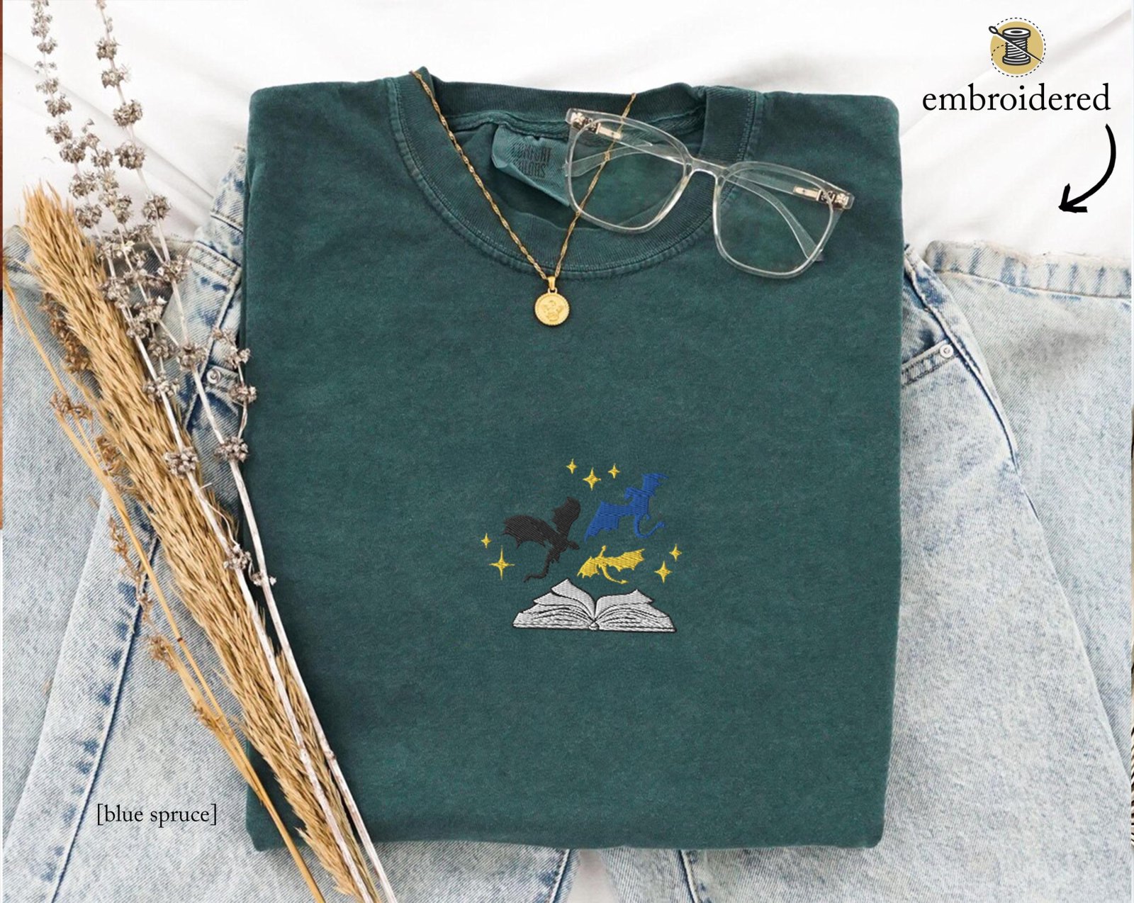 Blue Spruce Three Dragons and Golden Stars Embroidered T-Shirt