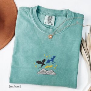 Seafoam Three Dragons and Golden Stars Embroidered T-Shirt