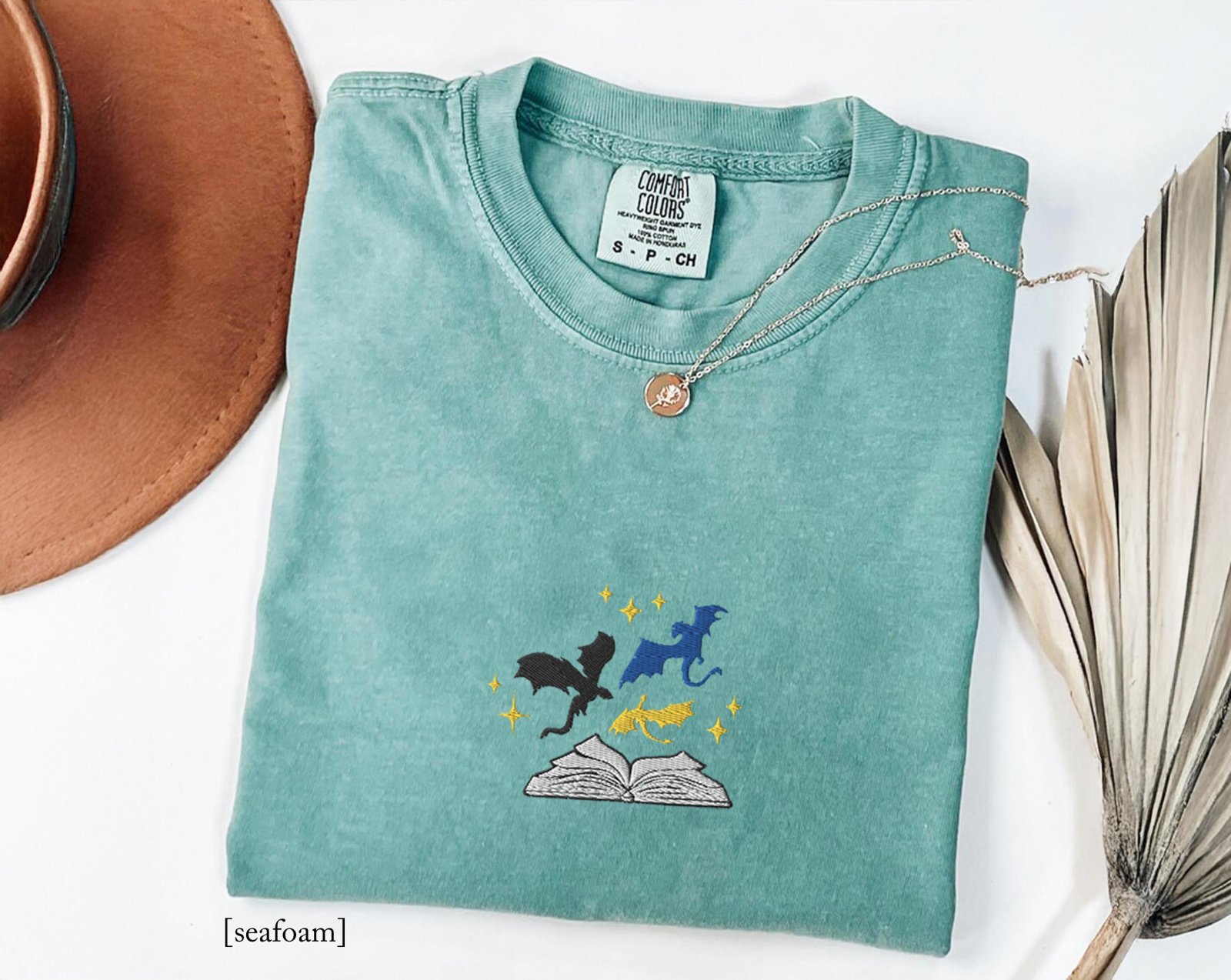 Seafoam Three Dragons and Golden Stars Embroidered T-Shirt