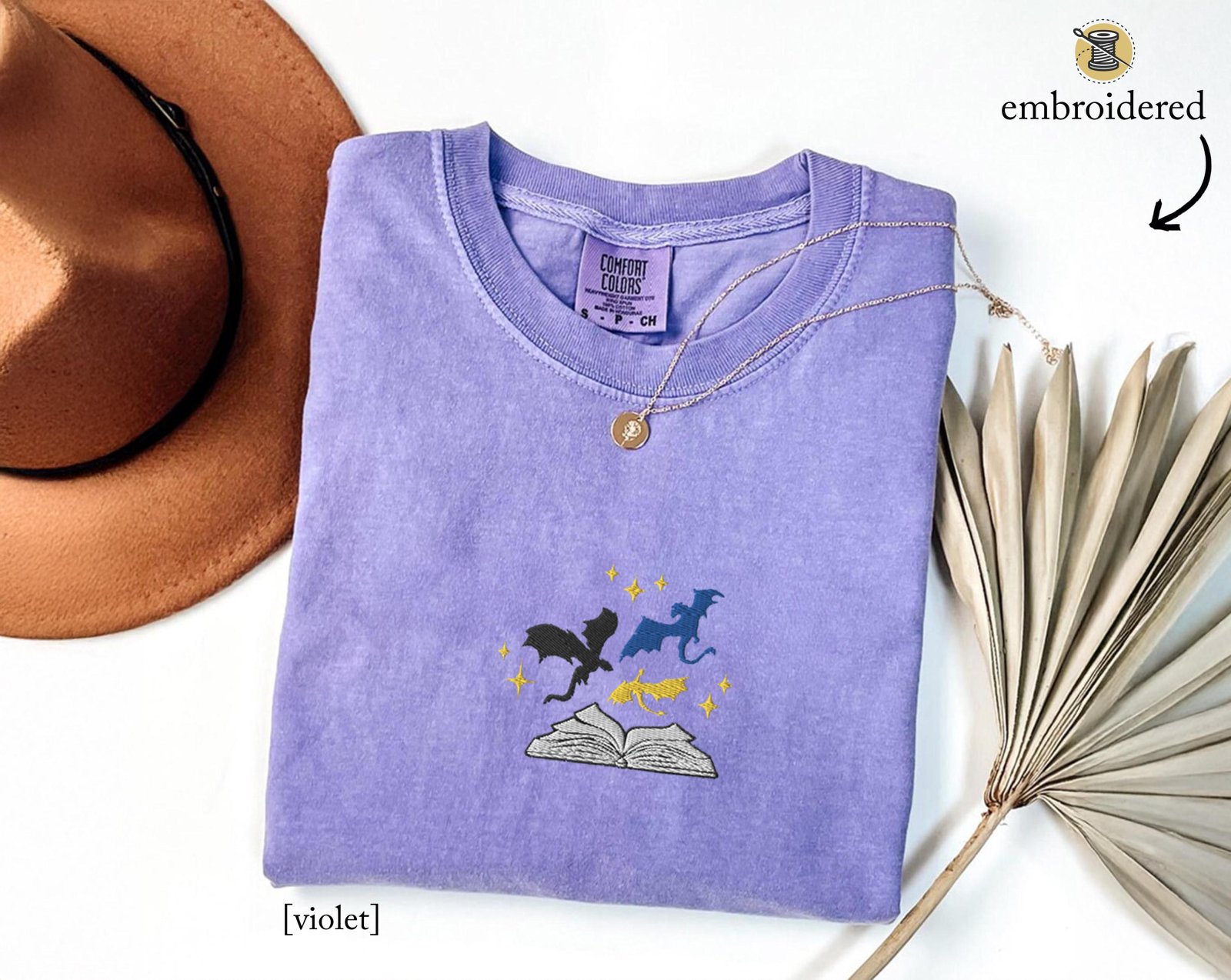Violet Three Dragons and Golden Stars Embroidered T-Shirt