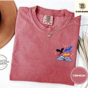 Crimson Three Dragons and Stars Embroidered T-Shirt