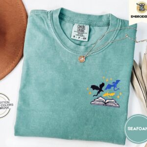 Seafoam Three Dragons and Stars Embroidered T-Shirt
