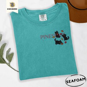 Seafoam Three Playful Black Cats Embroidered T-Shirt