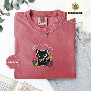 Crimson Tiny Fighter Cat Embroidered T-Shirt