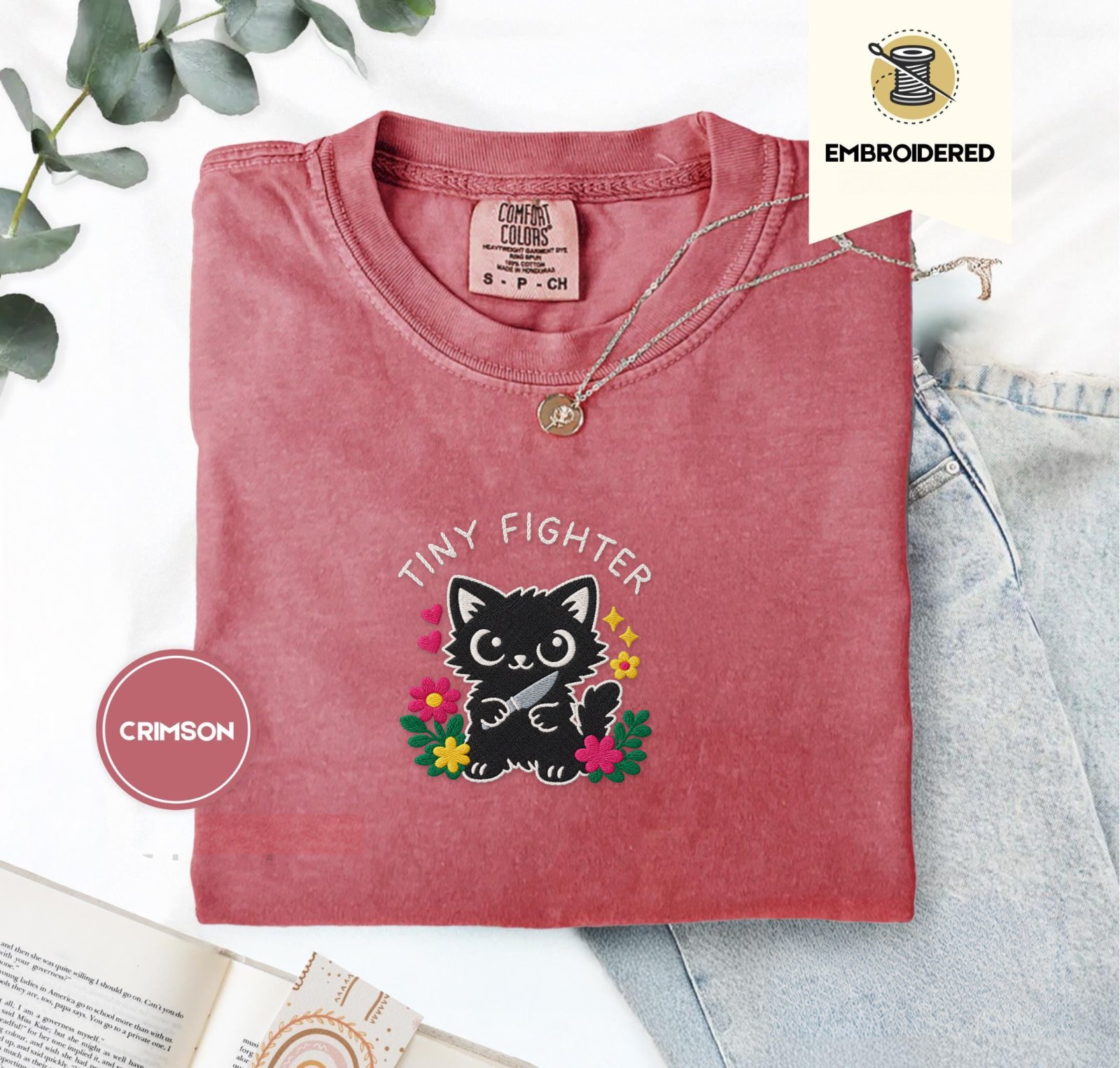 Crimson Tiny Fighter Cat Embroidered T-Shirt