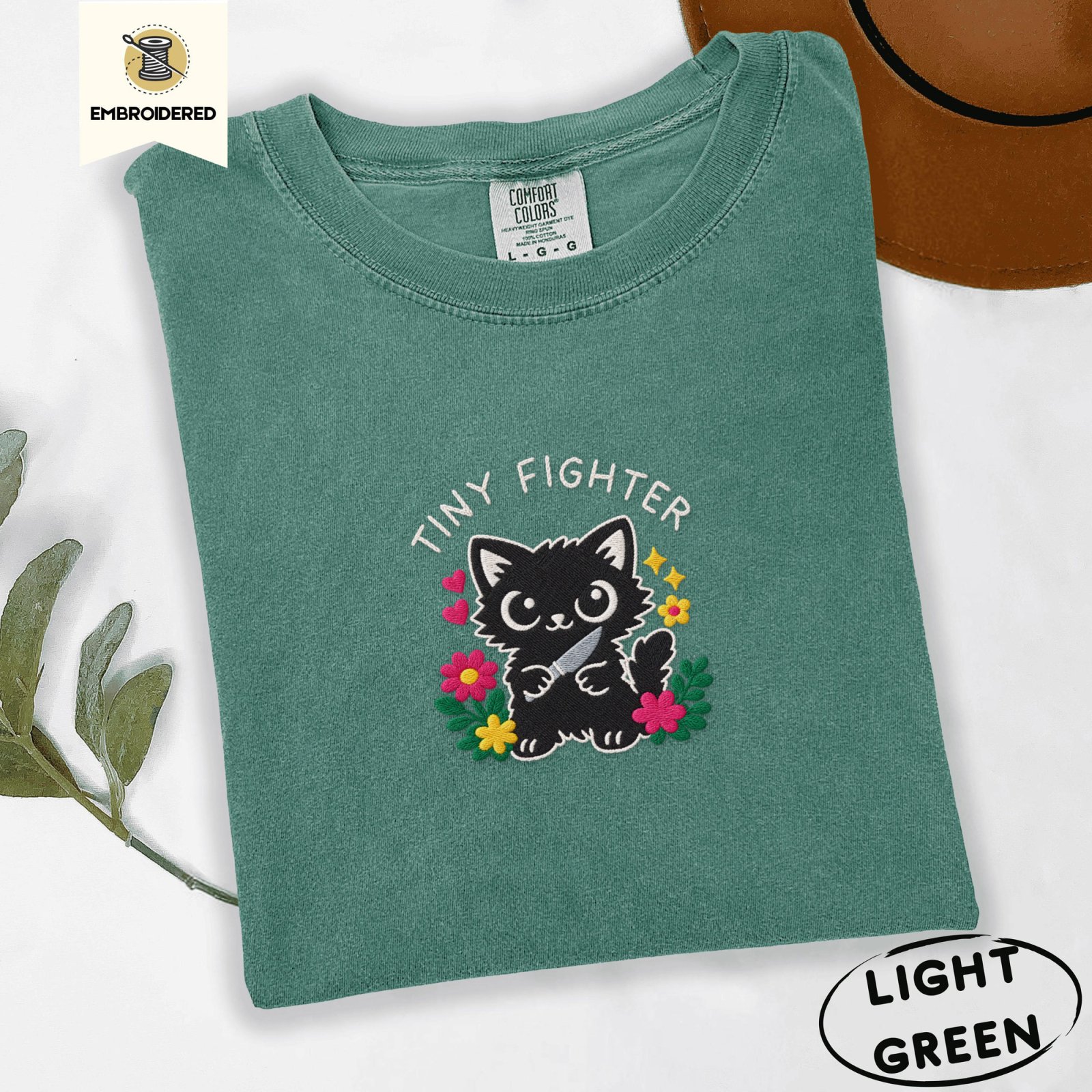 Light Green Tiny Fighter Cat Embroidered T-Shirt