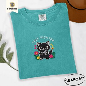 Seafoam Tiny Fighter Cat Embroidered T-Shirt