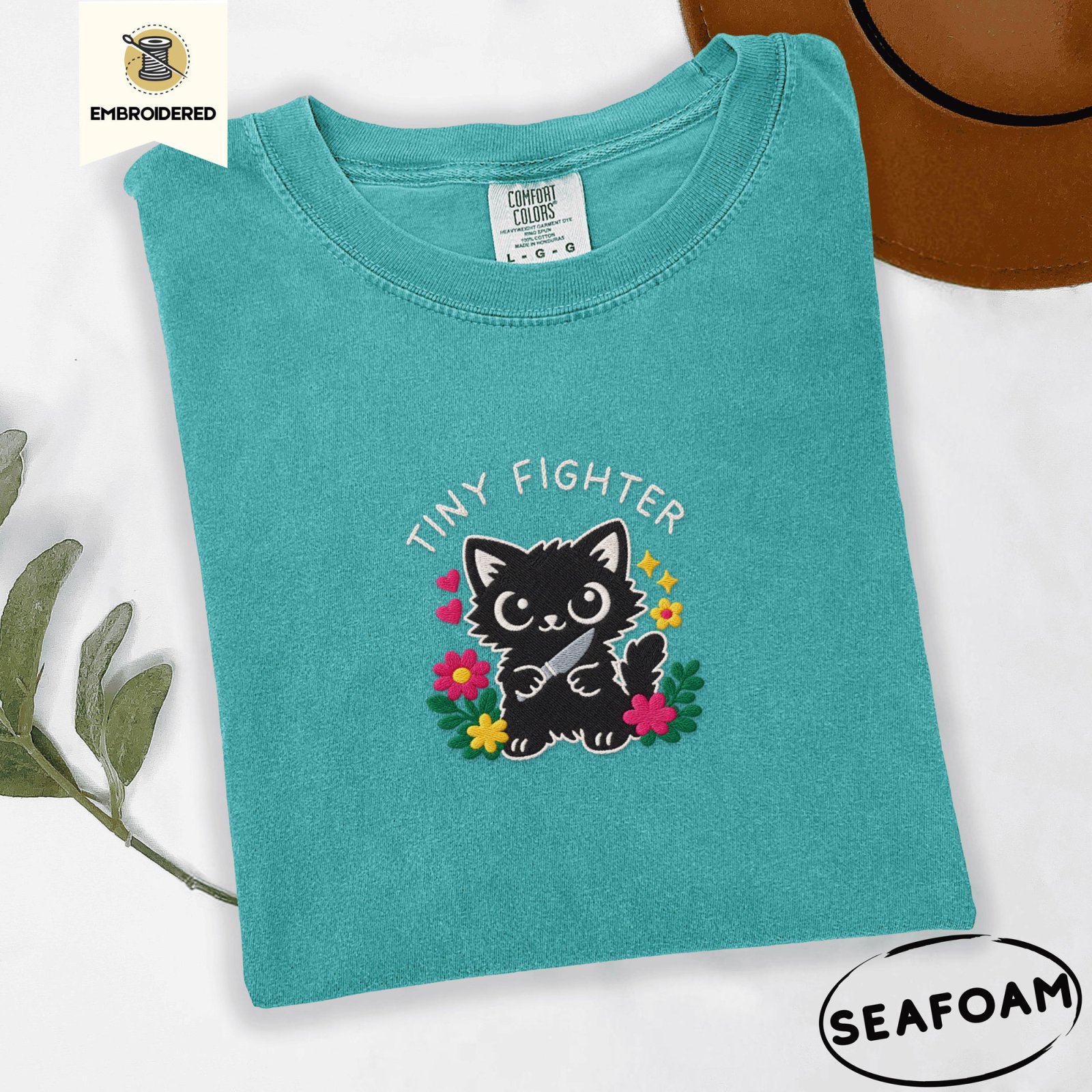 Seafoam Tiny Fighter Cat Embroidered T-Shirt