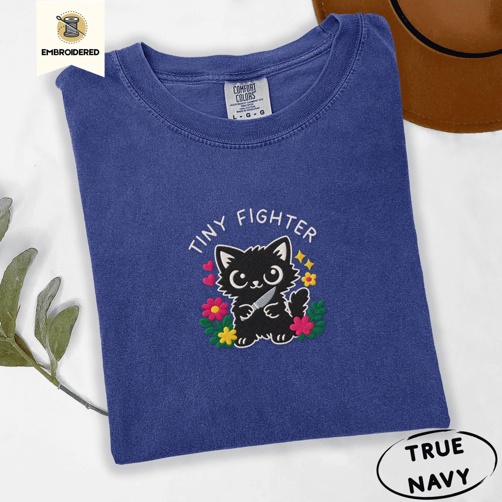 True Navy Tiny Fighter Cat Embroidered T-Shirt