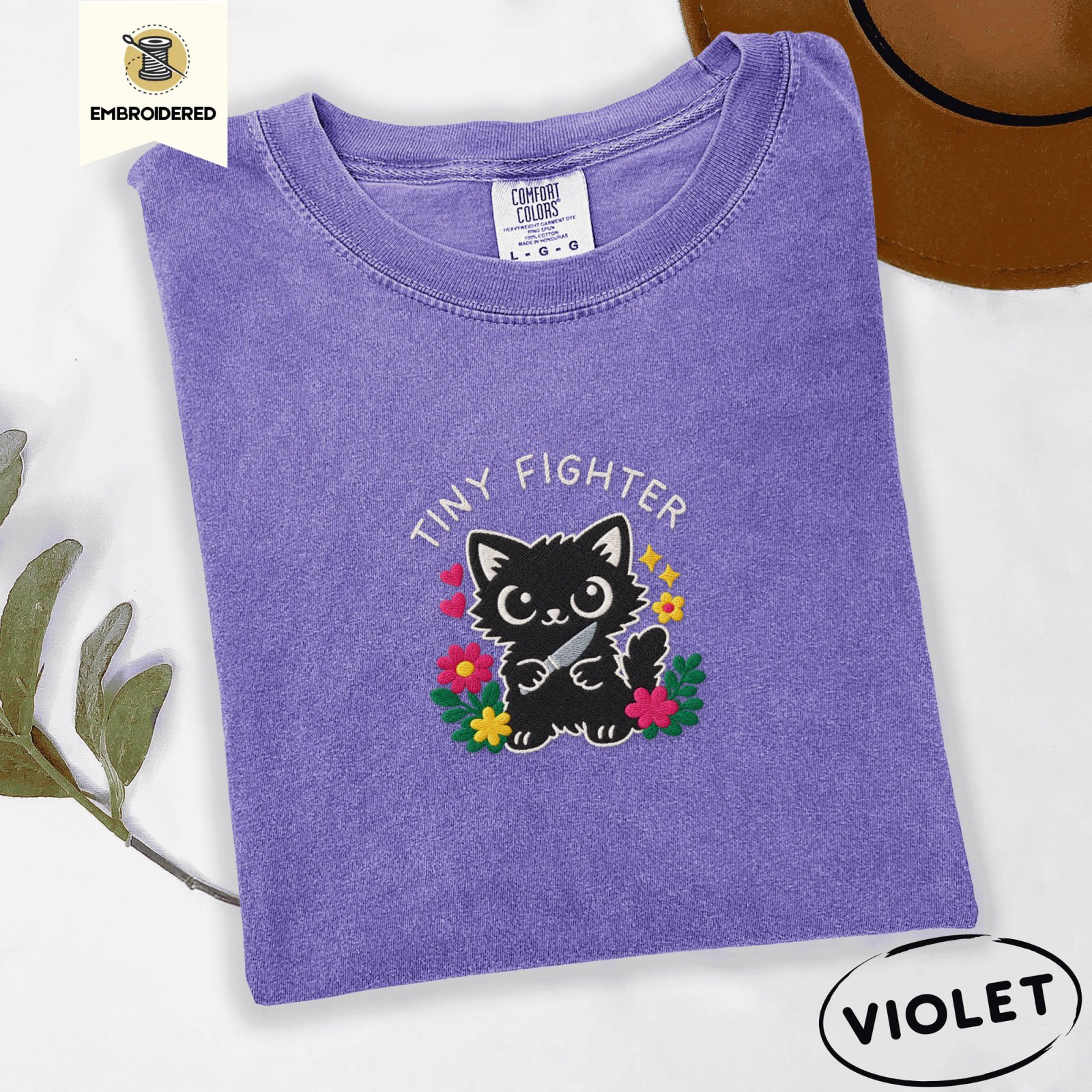 Violet Tiny Fighter Cat Embroidered T-Shirt
